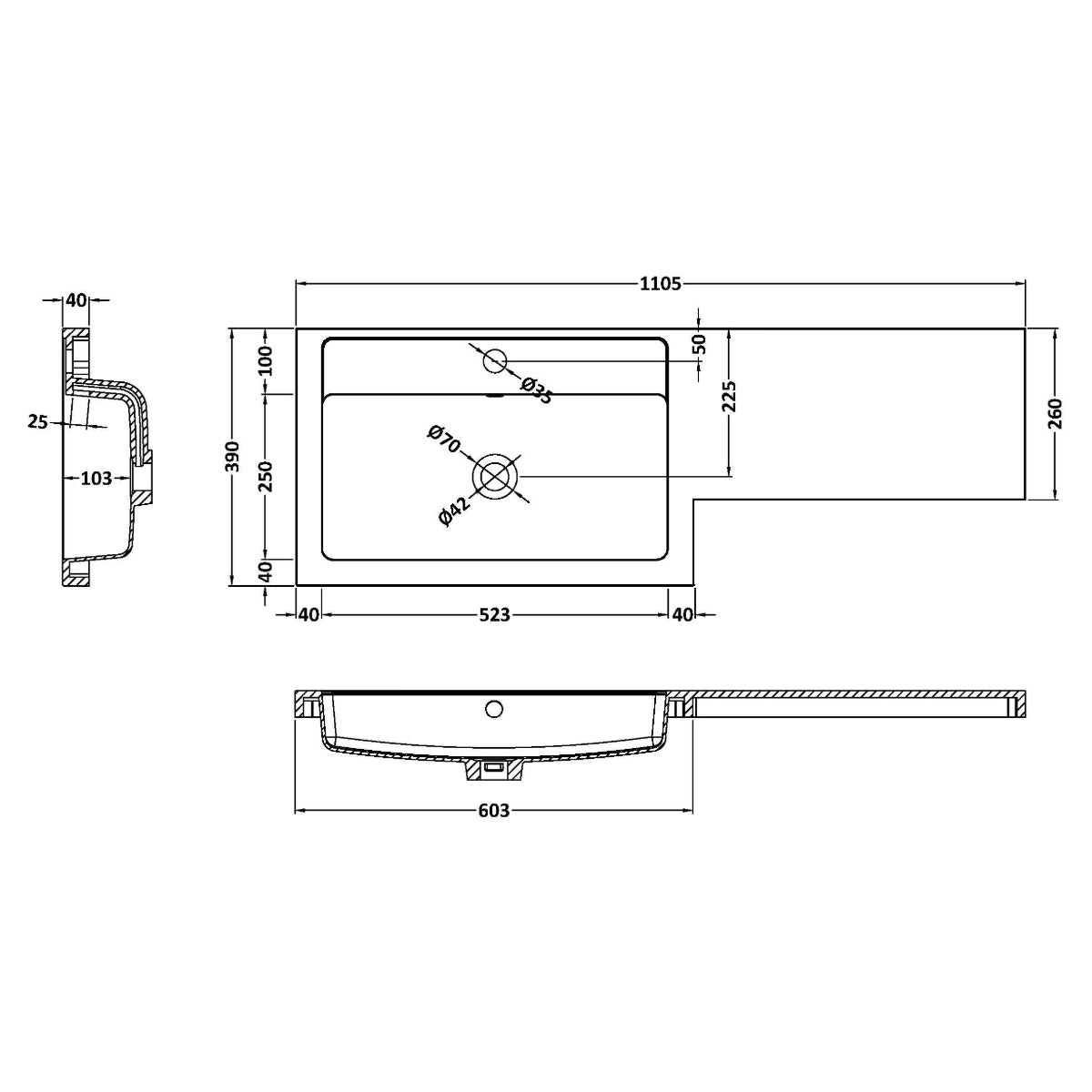 Nuie 1 Tap Hole 1100mm Polymarble L-Shaped Vanity Basin Top - Left Hand - Technical drawing
