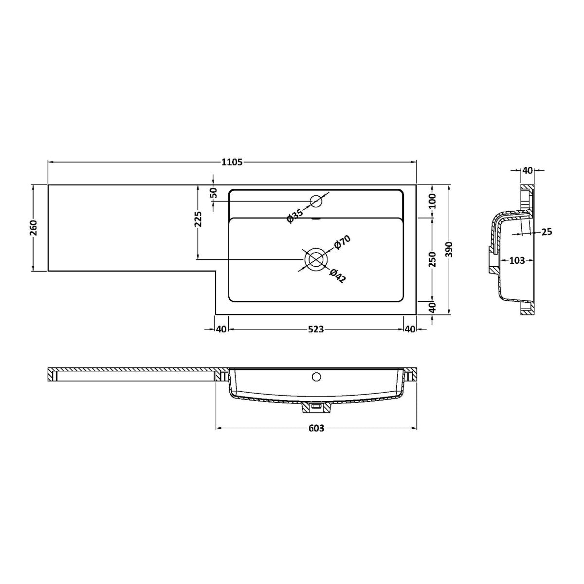 Nuie 1 Tap Hole 1100mm Polymarble L-Shaped Vanity Basin Top - Right Hand - Technical drawing