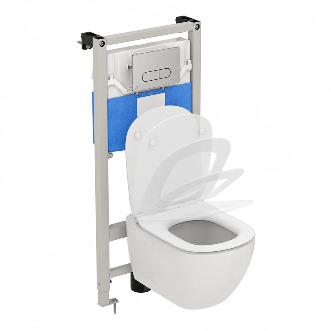 Ideal Standard wall hung toilet frame with chrome Oleas M1 dual flushplate and white WC pan with seat, angled view
