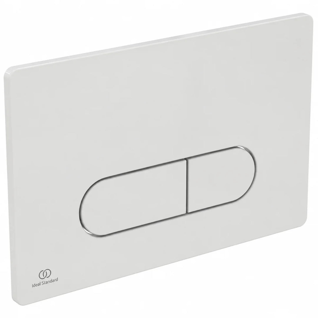 Ideal Standard Oleas M1 dual flushplate in white with chrome oval twin buttons, angled view