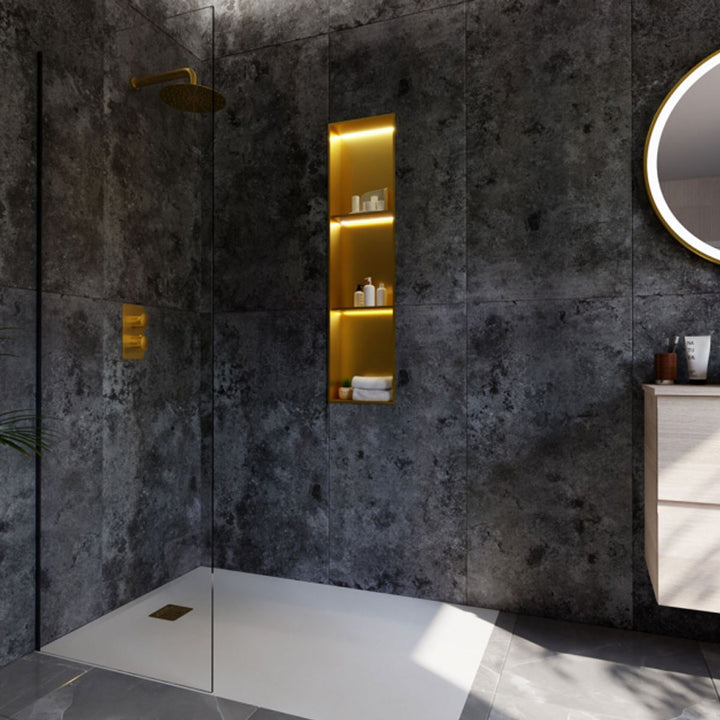 RAK INGOT 300mm x 1200mm Recessed Niche with 2 Shelves &amp; LED Brushed Gold
