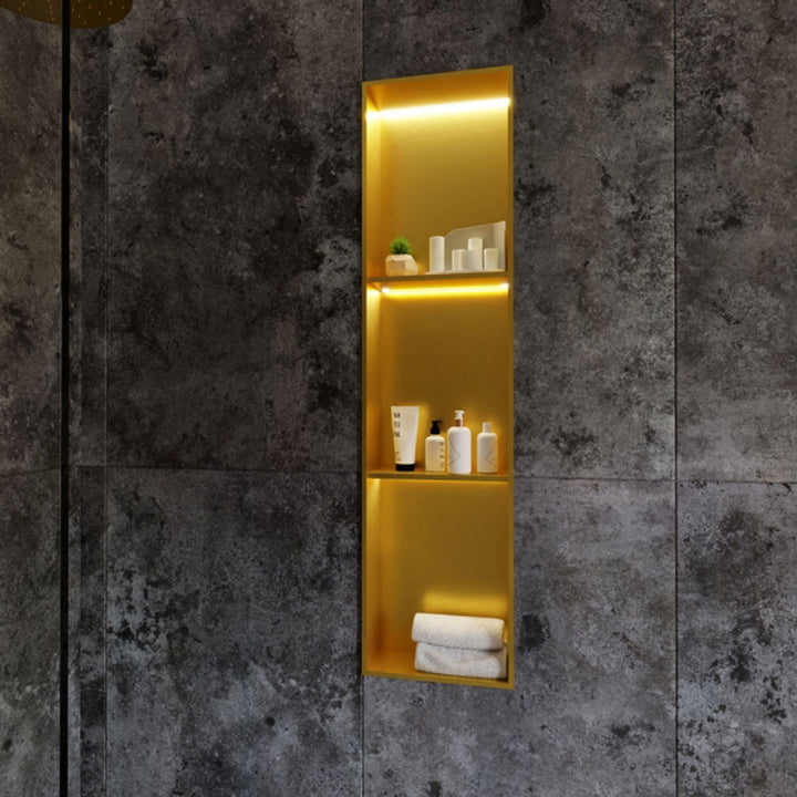 RAK INGOT 300mm x 1200mm Recessed Niche with 2 Shelves &amp; LED Brushed Gold