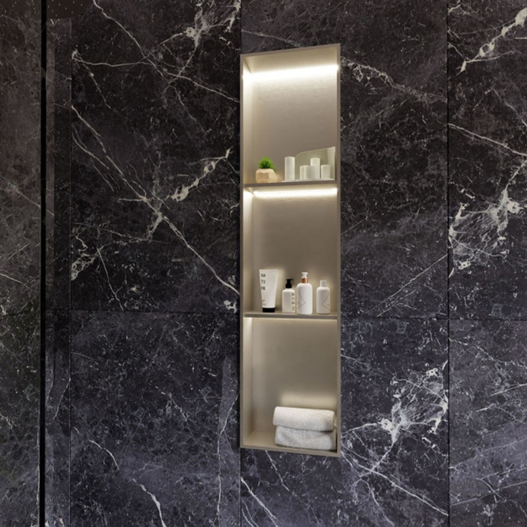 RAK INGOT 300mm x 1200mm Recessed Niche with 2 Shelves &amp; LED Brushed Nickel