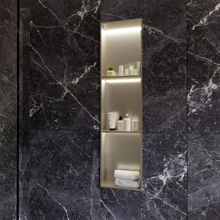 RAK INGOT 300mm x 1200mm Recessed Niche with 2 Shelves &amp; LED Brushed Nickel