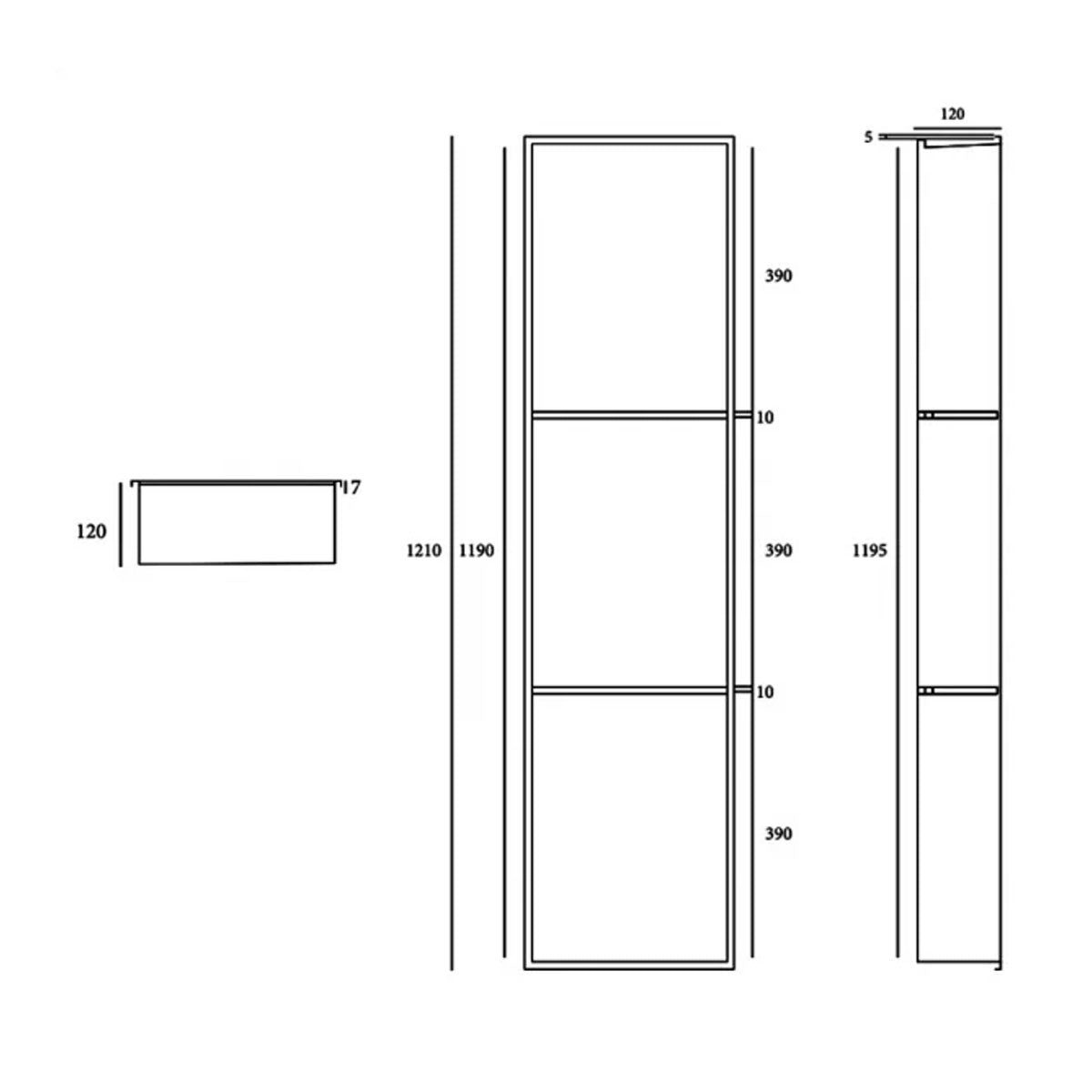 RAK INGOT 300mm x 1200mm Recessed Niche with 2 Shelves & LED Brushed Nickel - Technical drawing