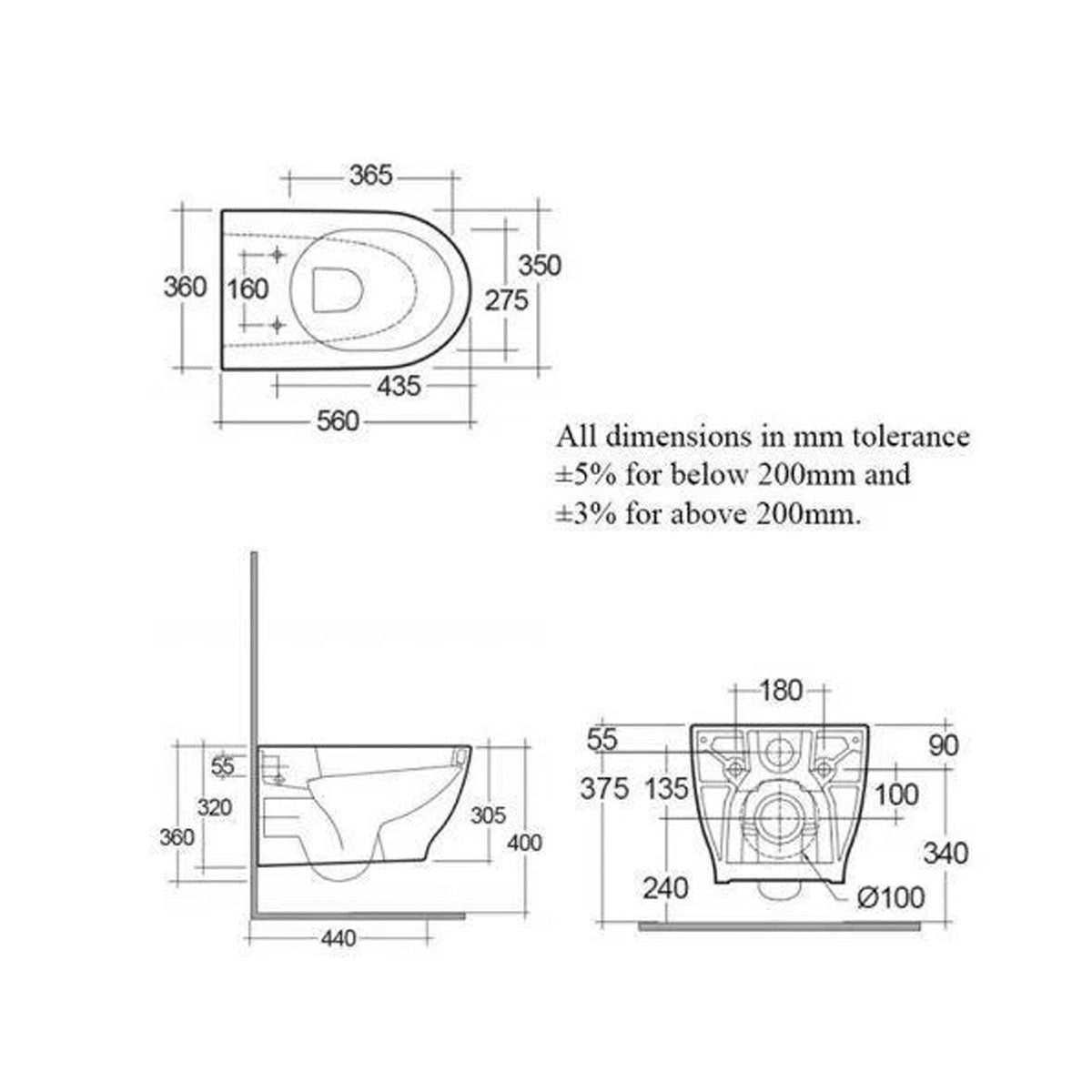 Rak Moon Wall Hung Toilet & Soft Close Seat - Technical drawing
