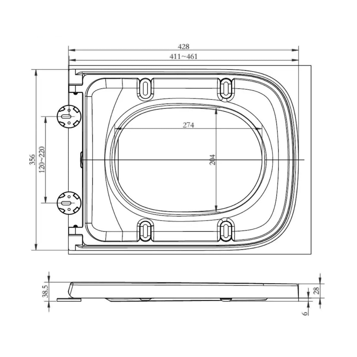 RAK - Series 600 Quick Release Wrap Over Soft Close Urea Seat - Technical drawing