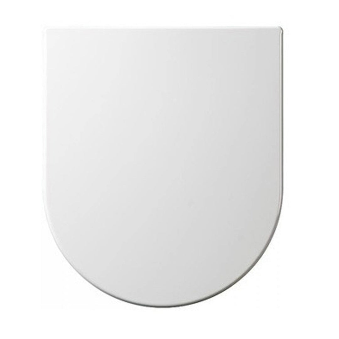 RAK Tonique wrap over slim soft close white Duroplast toilet seat with top-fixing hinges, designed to fit compatible RAK Tonique toilets.