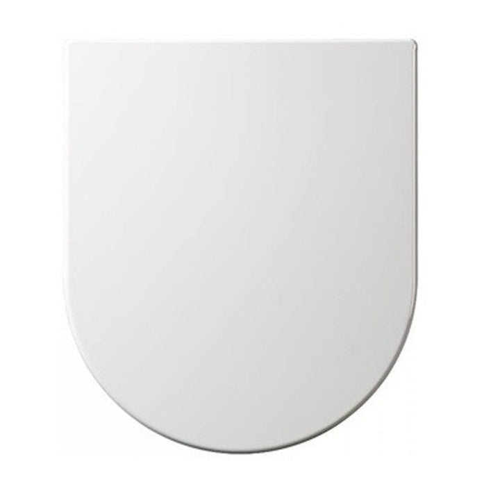 RAK Tonique wrap over slim soft close white Duroplast toilet seat with top-fixing hinges, designed to fit compatible RAK Tonique toilets.