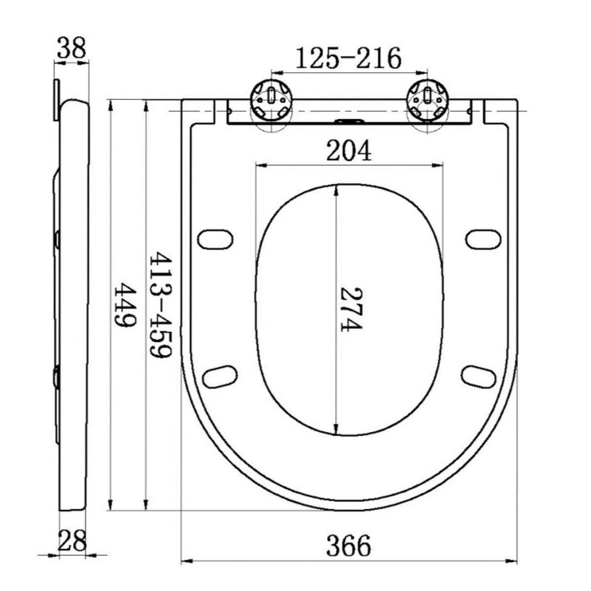 RAK Tonique Wrap Over Slim Soft Close Seat - Technical drawing