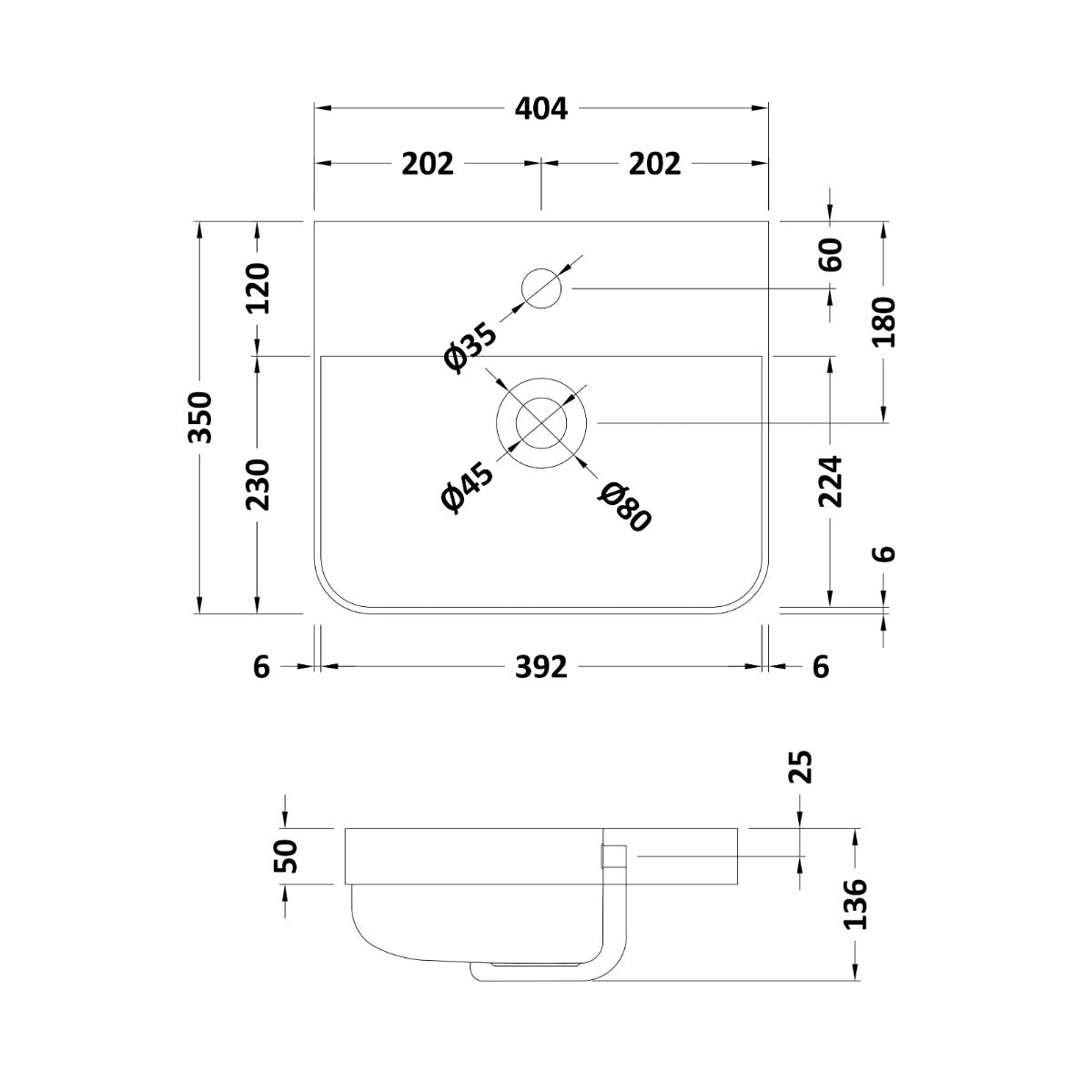 Nuie 1 Tap Hole 400mm Thin Edge Basin - Technical drawing