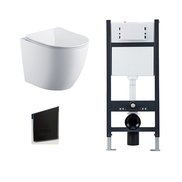 Remo Wall Hung Toilet, Wall Hung Toilet Frame, Concealed Cistern &amp; Black Flush Plate
