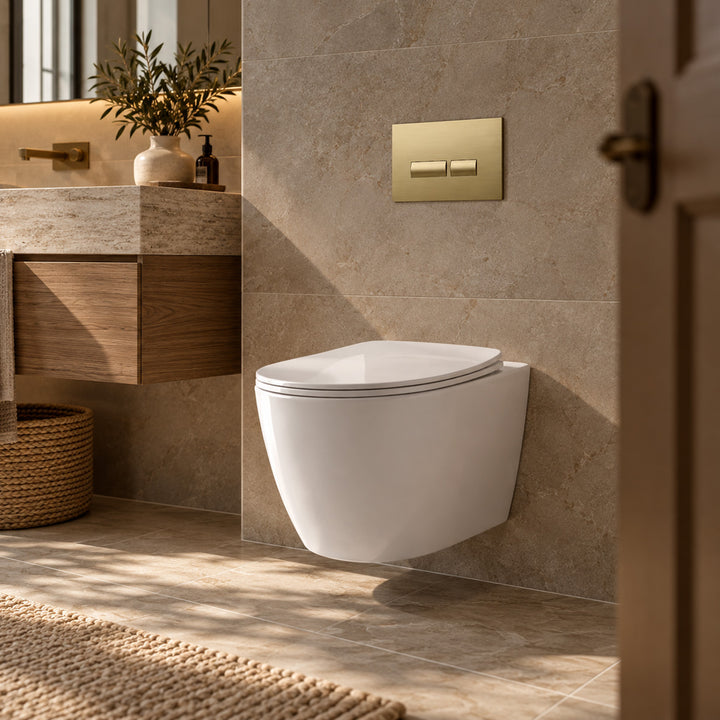 Remo Wall Hung Toilet, Wall Hung Toilet Frame, Concealed Cistern &amp; Brushed Brass Flush Plate