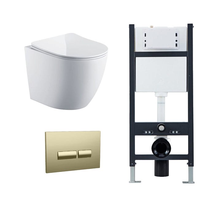 Remo Wall Hung Toilet, Wall Hung Toilet Frame, Concealed Cistern &amp; Brushed Brass Flush Plate