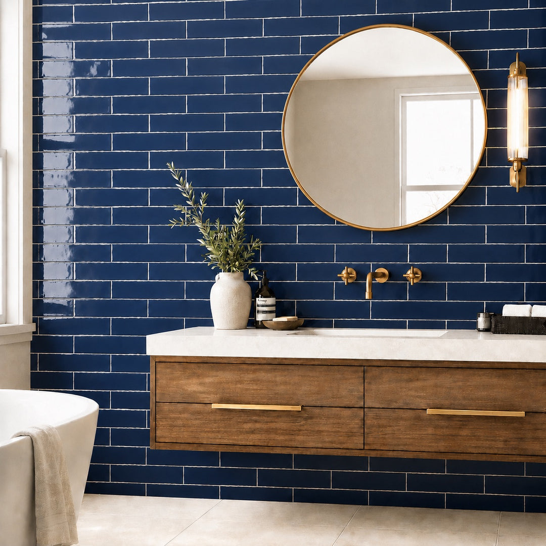 Rural Flat Oxford Dark Blue Traditional Edge Brick Effect 7.5 x 30cm White Body Tile - 1sqm perbox