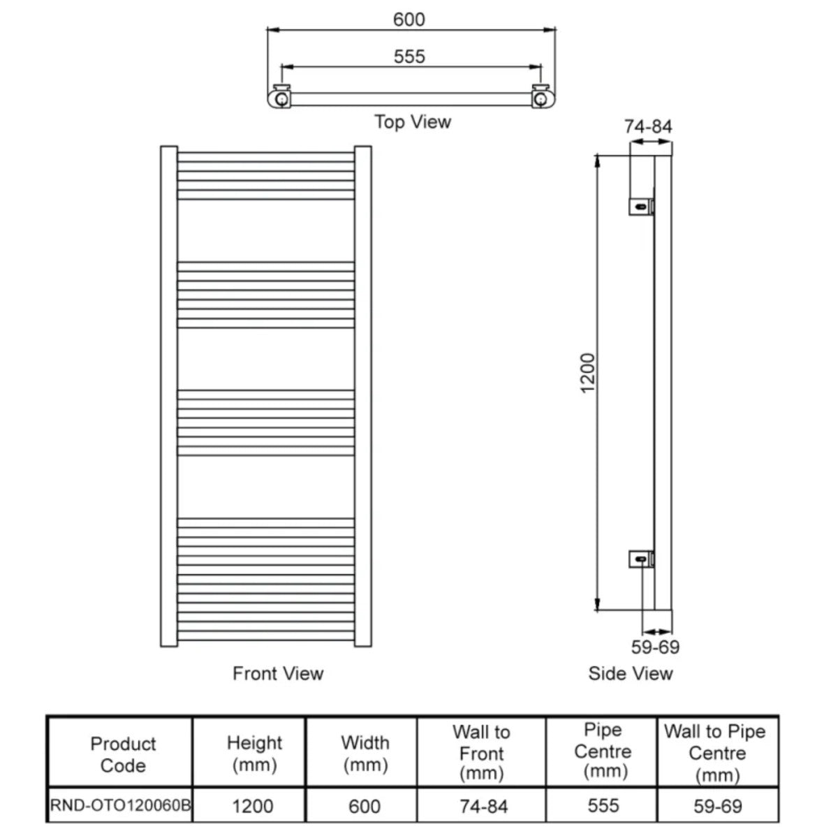 Reina Ottone 1200 x 600mm Heated Towel Rail - Brushed Brass - Technical drawing