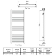 Reina Ottone 1200 x 600mm Heated Towel Rail - Brushed Brass - Technical drawing