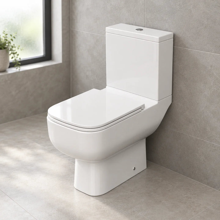 RAK S600 white close coupled toilet with slimline seat, three-quarter view in a bathroom with grey stone-effect tiles and a frosted window