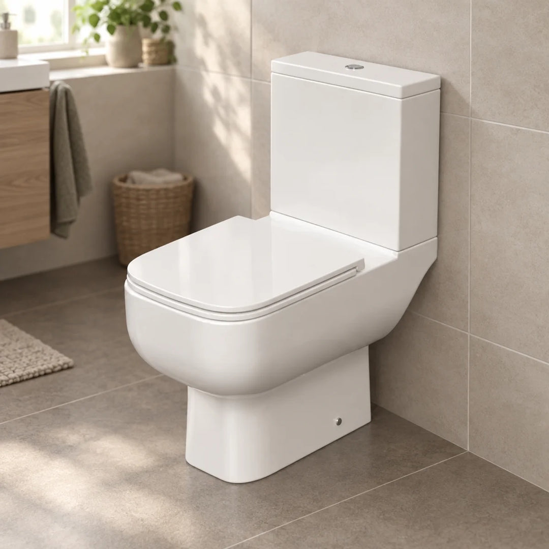 Rak S600 close coupled toilet in white with slimline seat, shown in a bathroom with beige tiles, wicker basket and wooden vanity