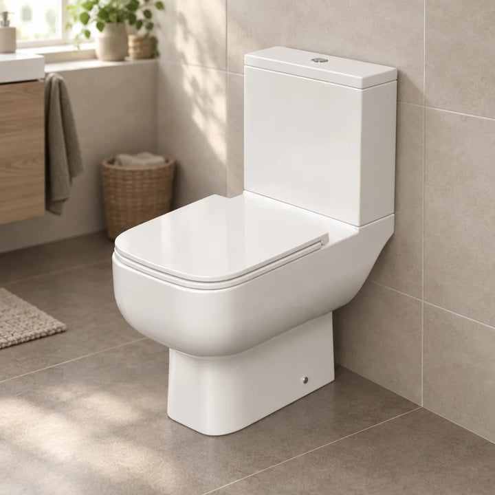 Rak S600 close coupled toilet in white with slimline seat, shown in a bathroom with beige tiles, wicker basket and wooden vanity