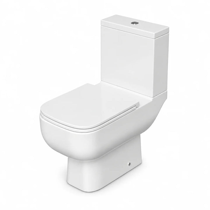 RAK S600 white close coupled toilet with slimline seat and square cistern, shown from a three-quarter angle with a chrome flush button