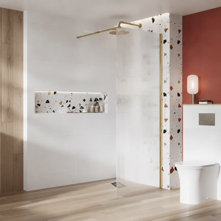 Kiimat Aqua 8mm Fluted Glass Wetroom Panel 800mm with Brushed Brass Profile
