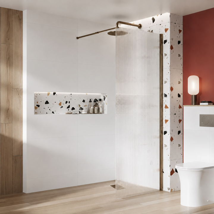 Kiimat Aqua 8mm Fluted Glass Wetroom Panel 800mm with Brushed Bronze Profile