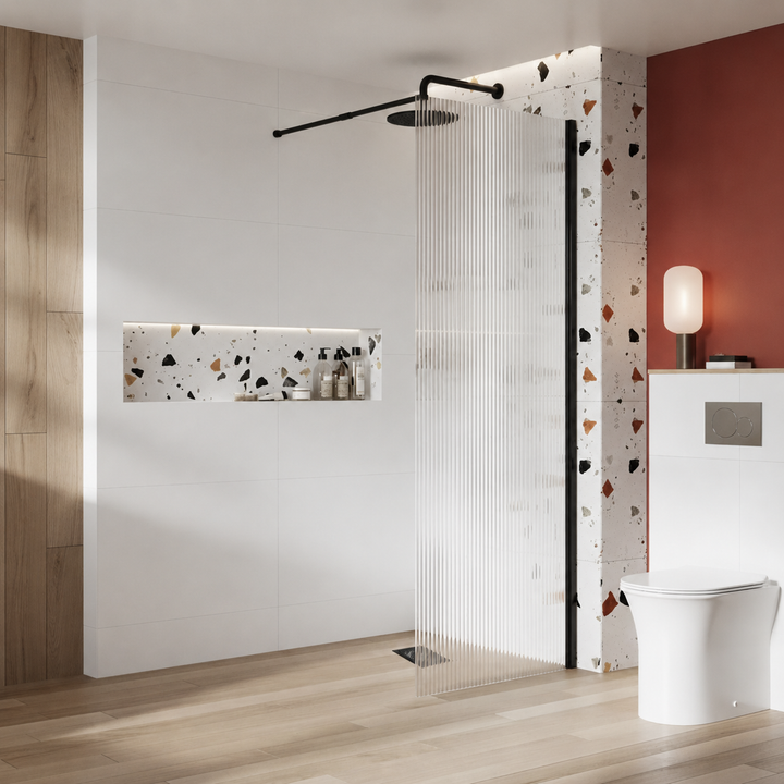 Kiimat Aqua 8mm Fluted Glass Wetroom Panel 900mm with Black Profile