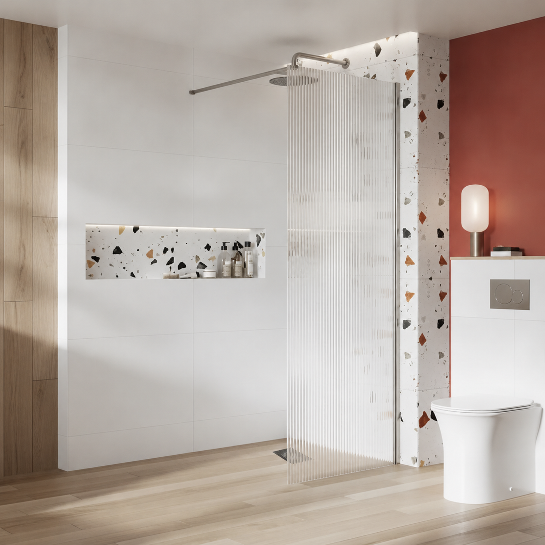 Kiimat Aqua 8mm Fluted Glass Wetroom Panel 800mm with Brushed Nickel Profile