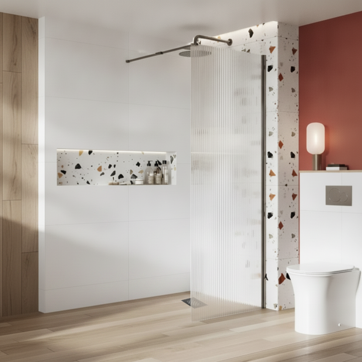 Kiimat Aqua 8mm Fluted Glass Wetroom Panel 900mm with Gun Metal Profile
