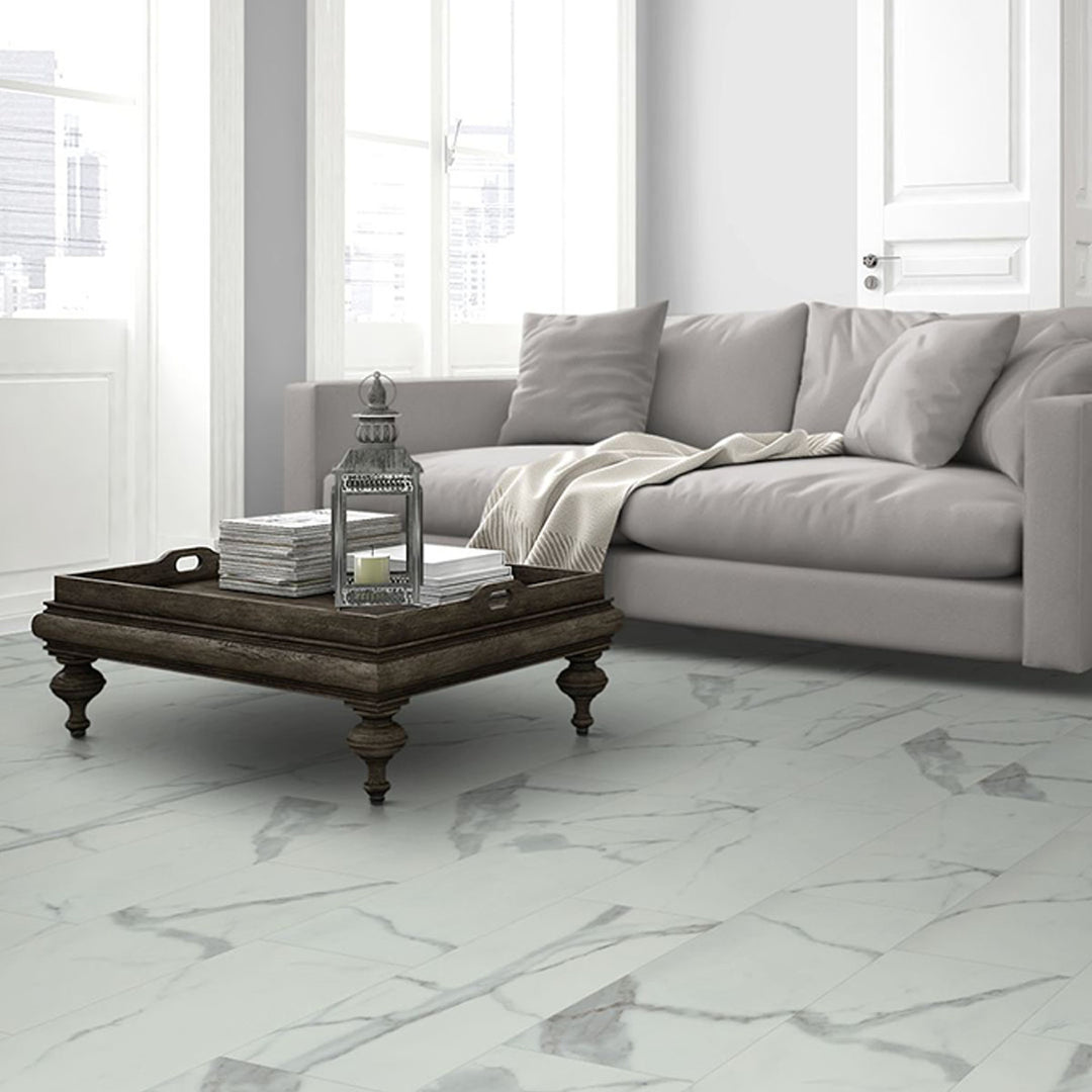 Lusso Floor Luxury Vinyl Tile 610mm x 305mm x 4.5mm 2.23SQM Per Pack - White Carrara Marble