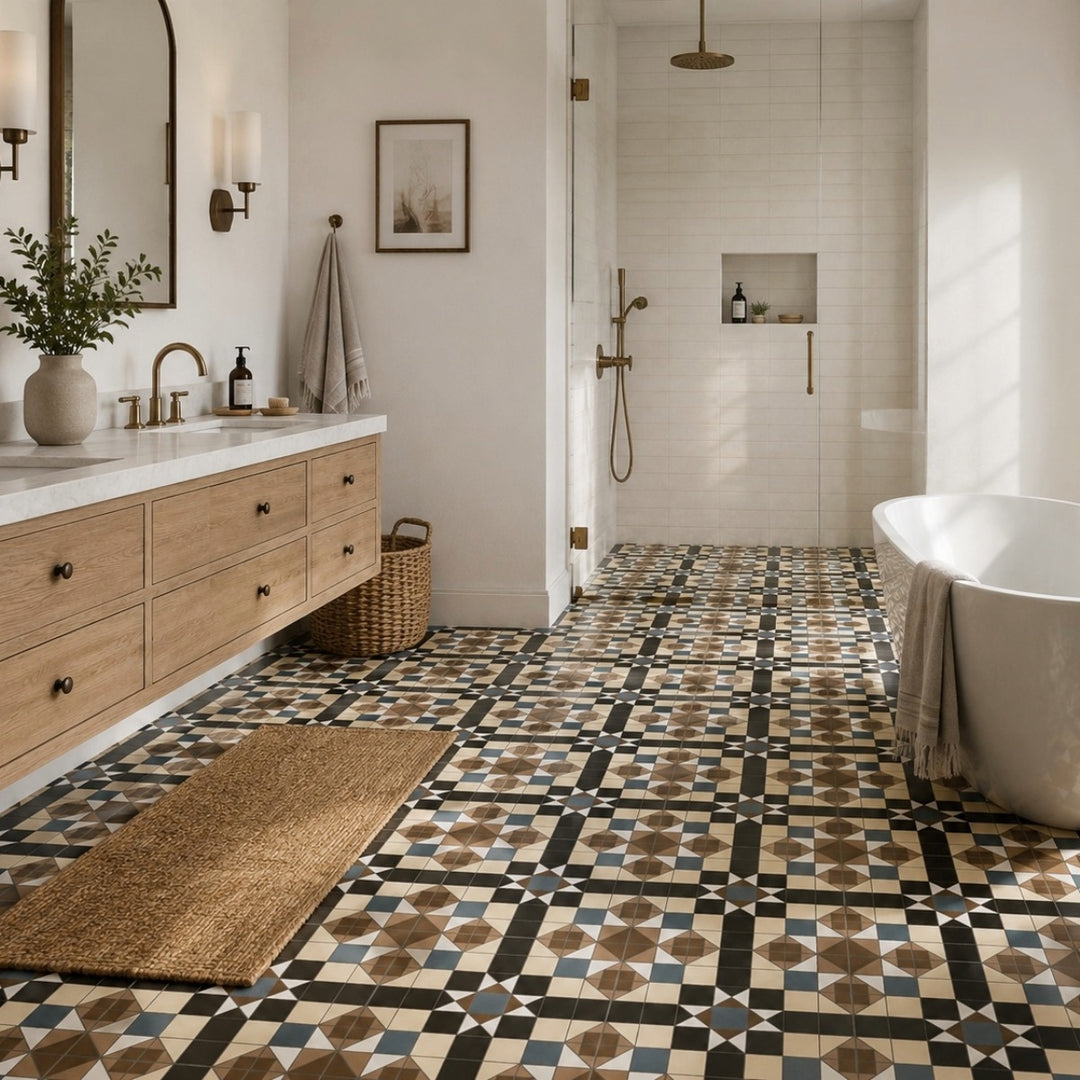 Victoria Multicolour 45 x 45cm patterned porcelain floor tile featuring a geometric design in terracotta, cream, charcoal and muted blue, suitable for stylish interior flooring.