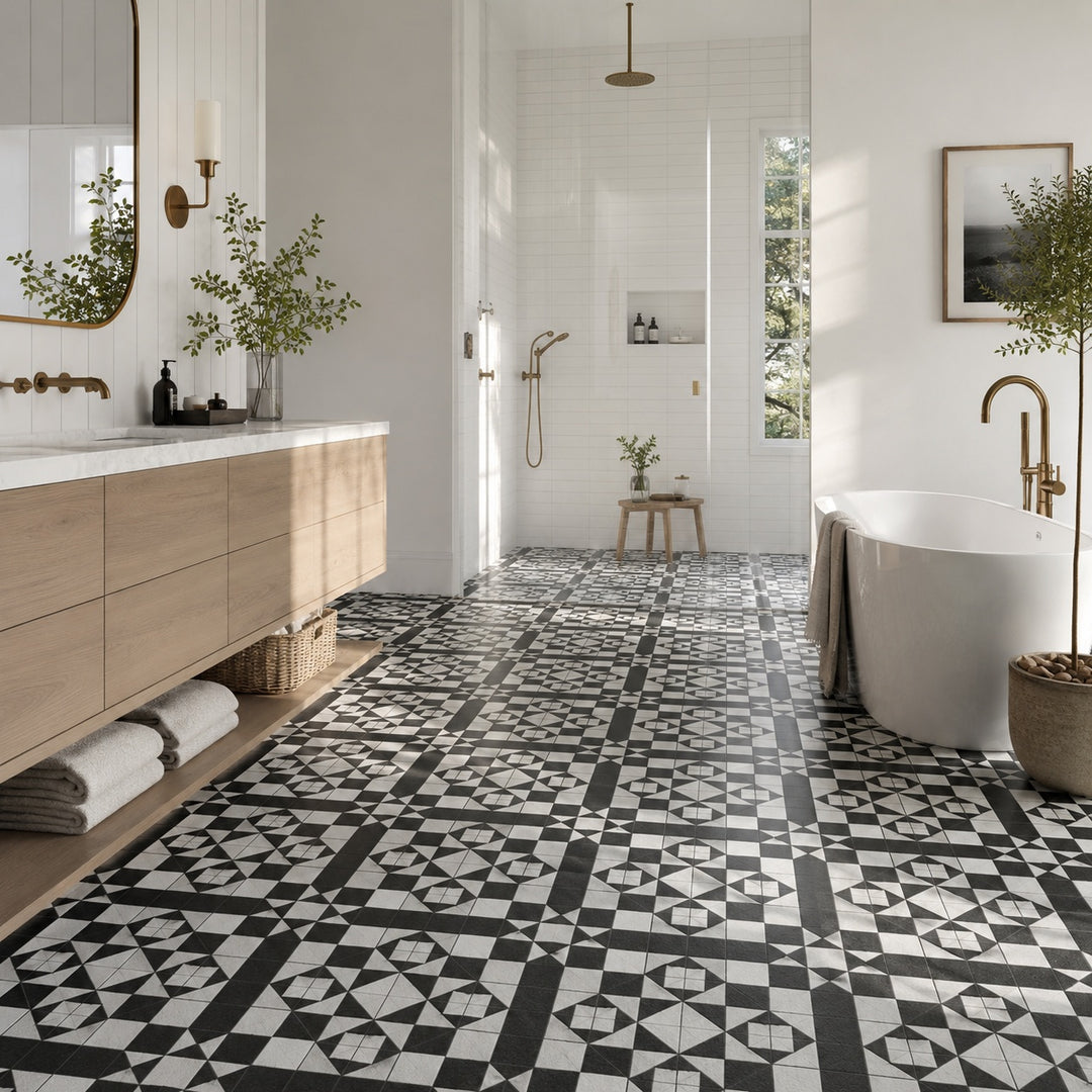 Victoria Multicolour 45 x 45cm ceramic floor tile featuring a bold black and white geometric pattern, ideal for adding timeless character to interior floors.