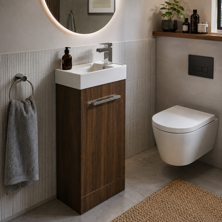 Synergy Evora 450mm walnut floor standing vanity unit with soft-close cupboard door and white ceramic basin with single tap hole.
