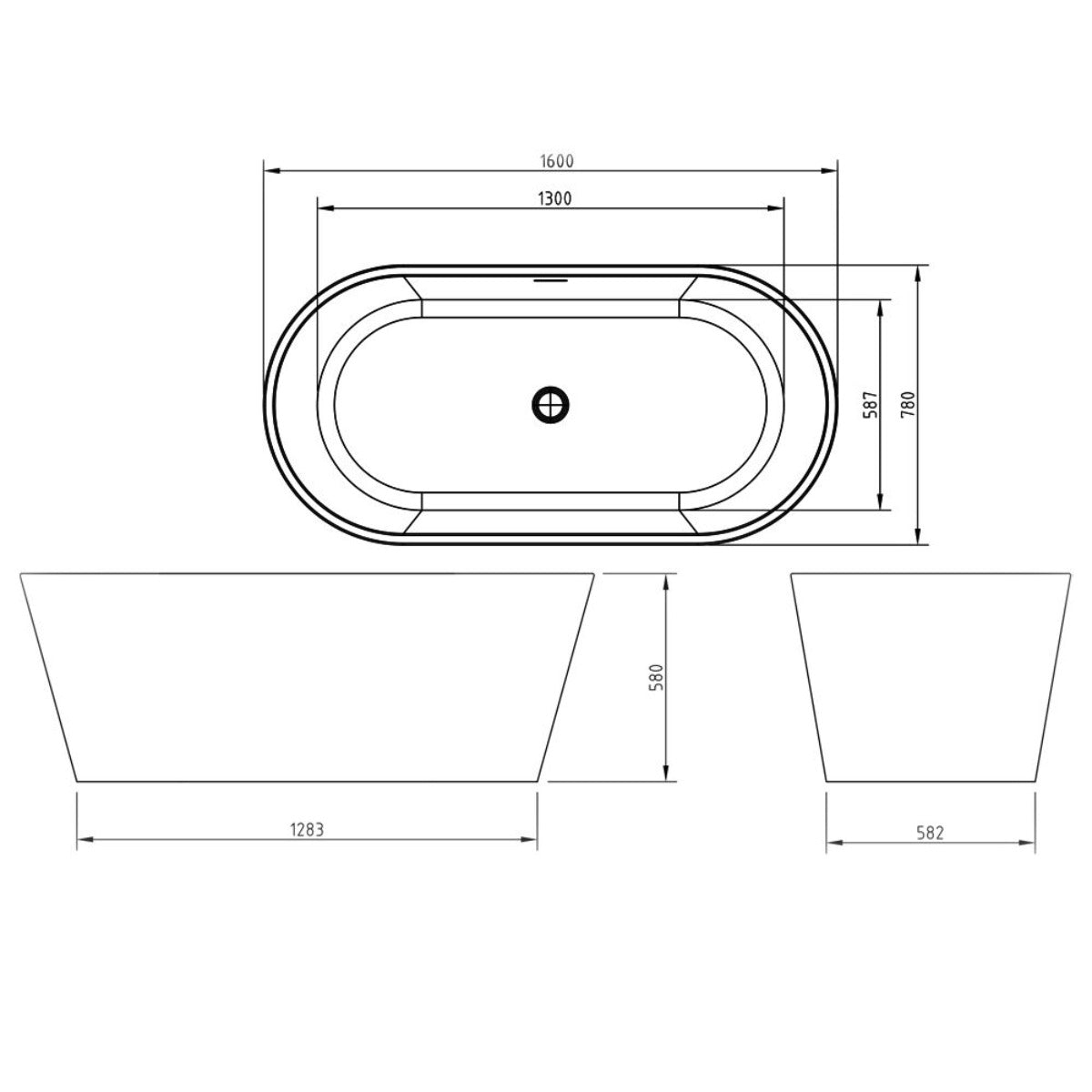 Synergy Lugano Freestanding Bath 1600 x 800mm - Technical drawing