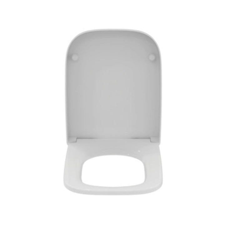 Ideal Standard i.Life A soft close white Duroplast toilet seat with a slim wrap-over design, quick-release function and top-fixing hinges for compatible i.Life A toilets.