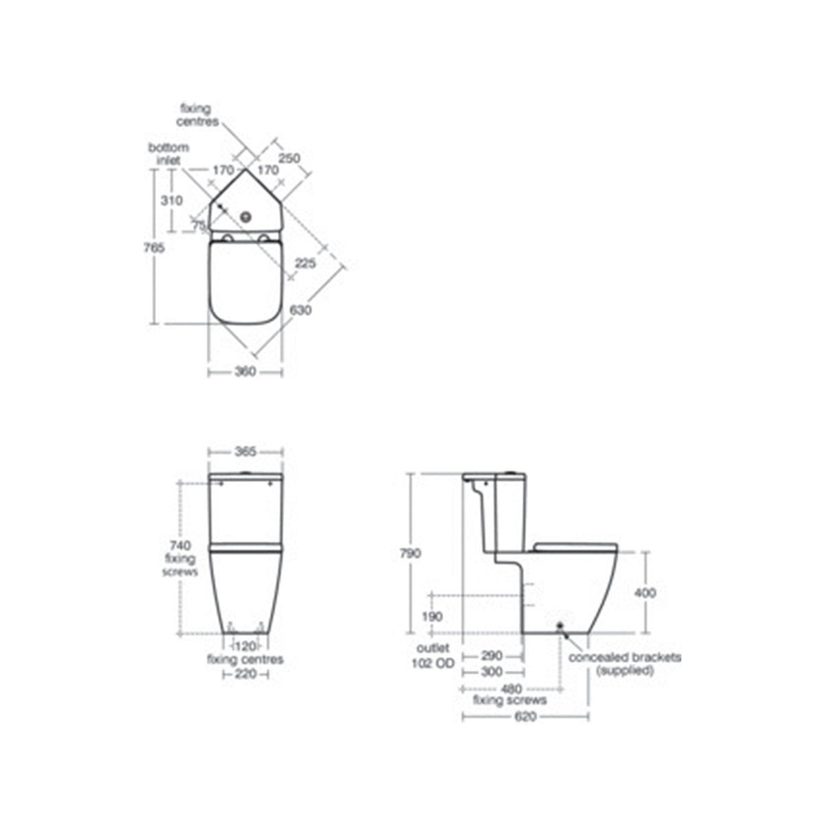 Ideal Standard i.Life S Compact Close Coupled Rimless Toilet Pan - Technical drawing