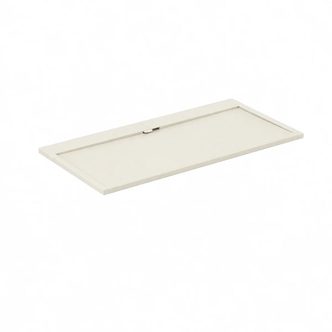Ideal Standard I.Life Ultra Flat S rectangular shower tray in sand, angled view showing the low raised edge and rear drain slot