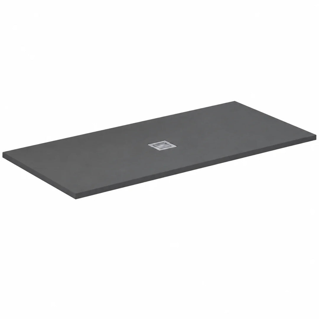 Ultra Flat S+ 1700 x 800mm rectangular shower tray in concrete grey with square chrome waste, shown from above at an angle