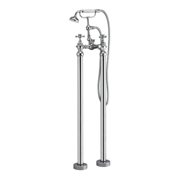 Harrogate freestanding bath shower mixer tap in a traditional chrome finish with crosshead handles, handset and shower hose for use with freestanding baths.