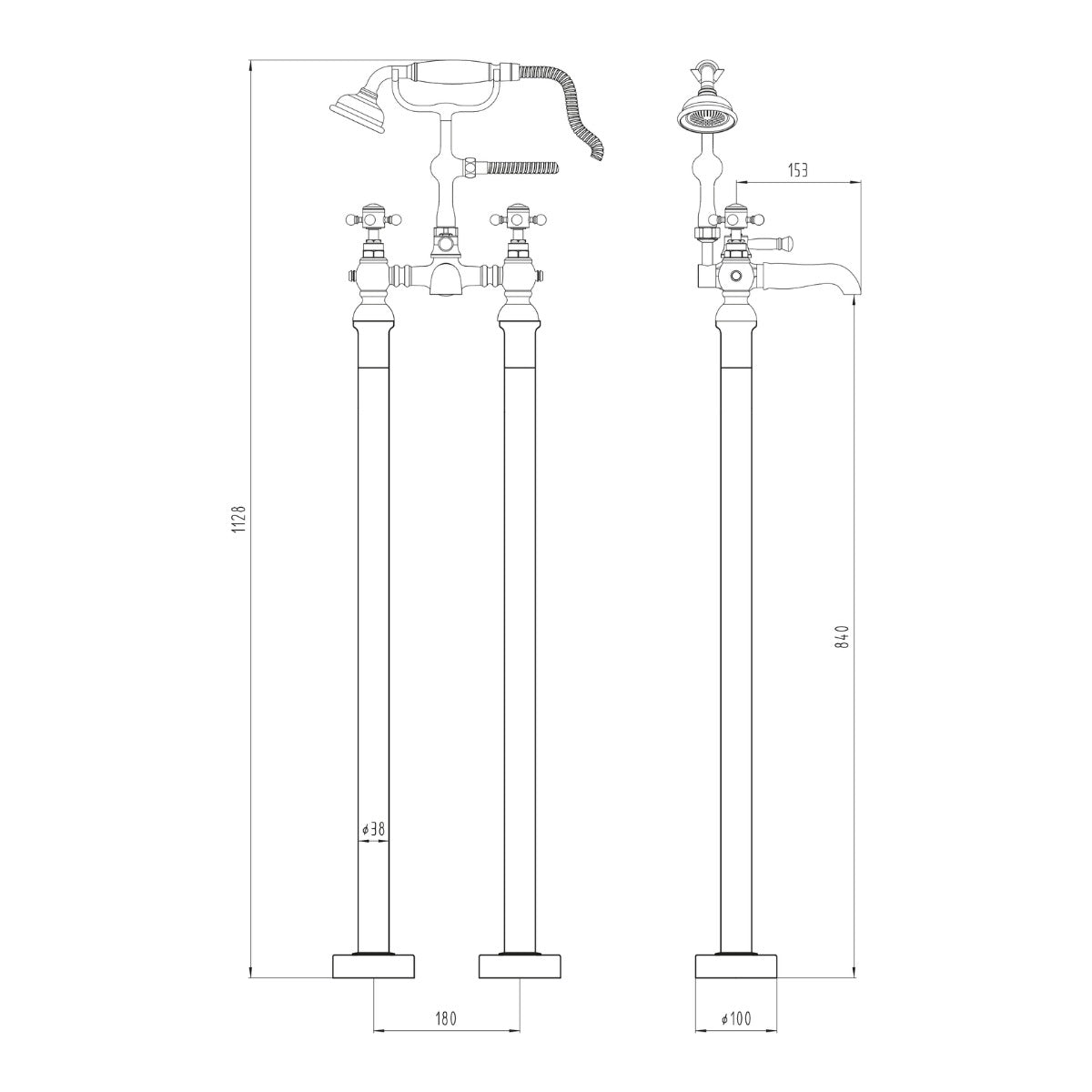 Harrogate Freestanding Bath Shower Mixer - Technical drawing