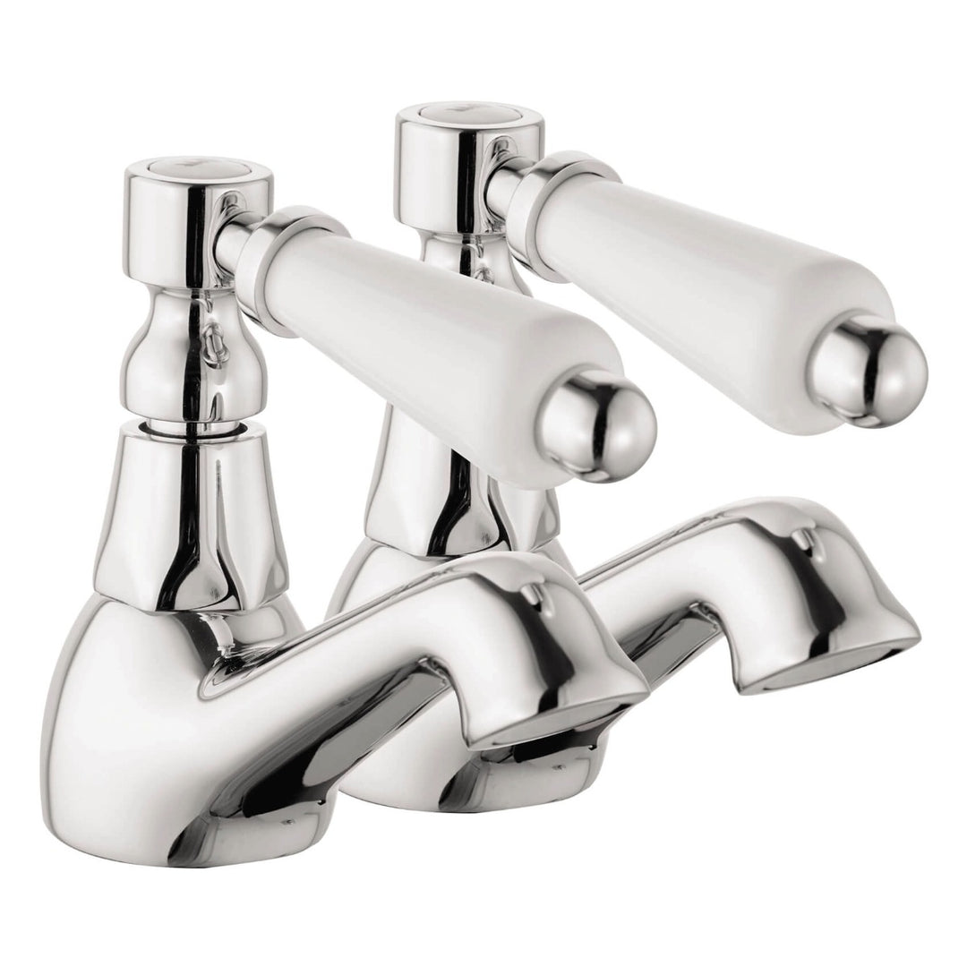 Victoria Bianco chrome basin pillar taps with classic white lever handles, featuring a traditional twin tap design for heritage and period-style bathrooms.
