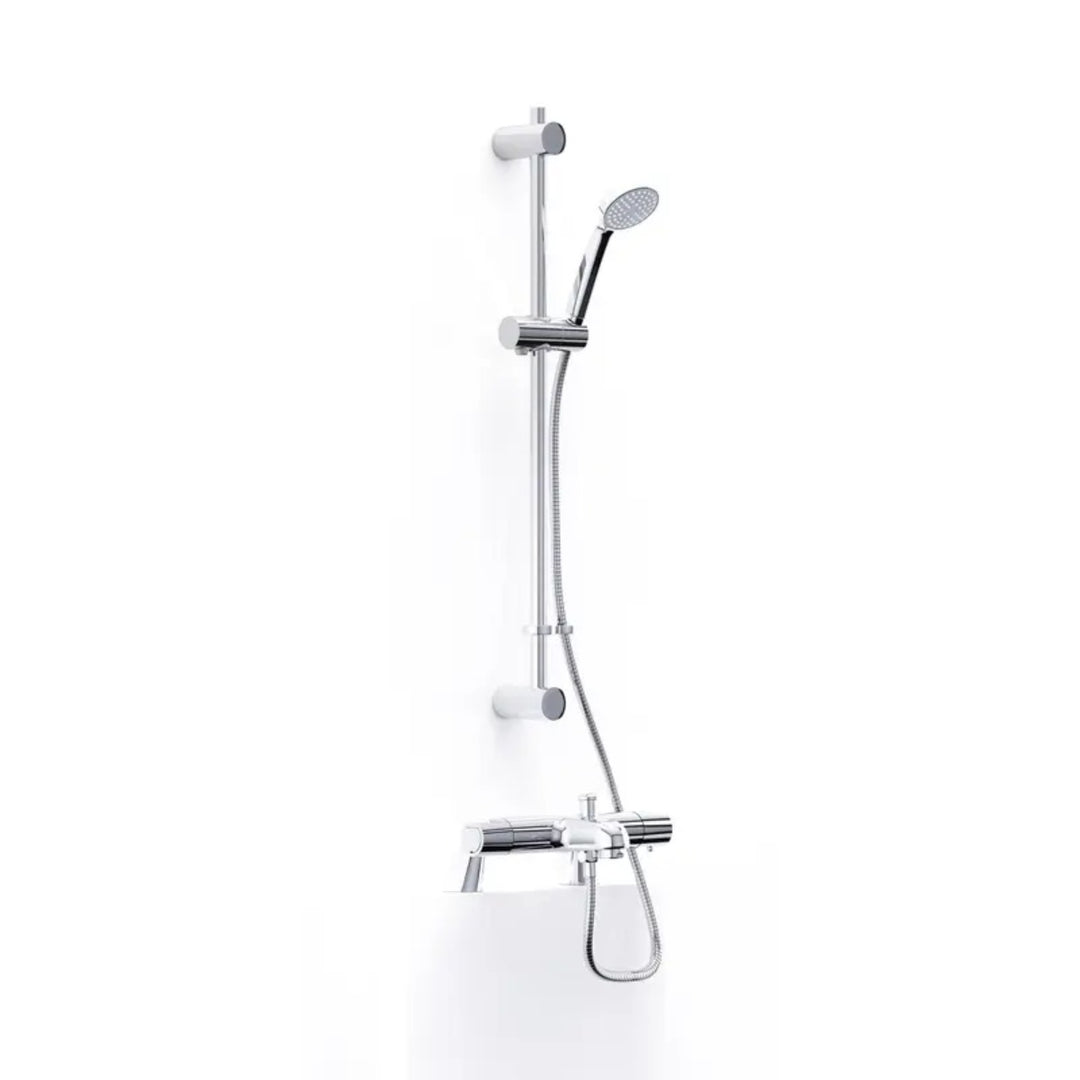 Inta T-Tec deck mounted chrome bath shower mixer with separate controls, bath spout and coordinating handheld shower handset with hose.