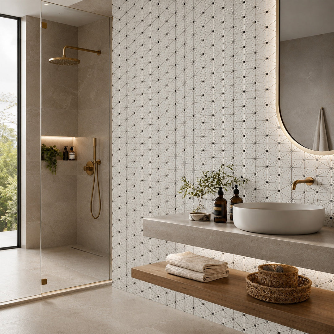 Tokyo White 29 x 30cm mosaic sheet featuring an elegant white geometric mosaic design, creating a contemporary feature wall in a luxury bathroom.