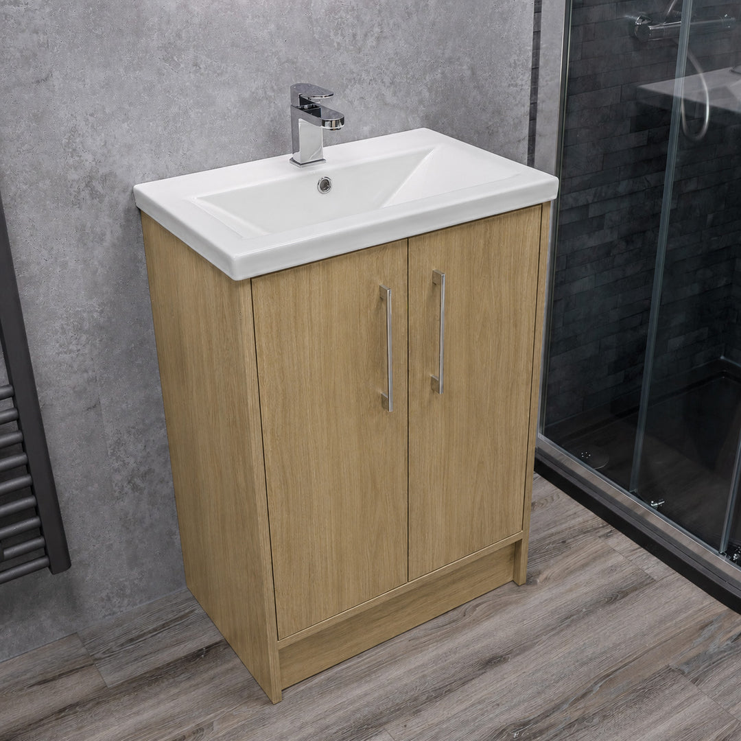 Urbano 600mm Space Saver Floor Standing 2 Door Unit &amp; Basin - Acousta Oak
