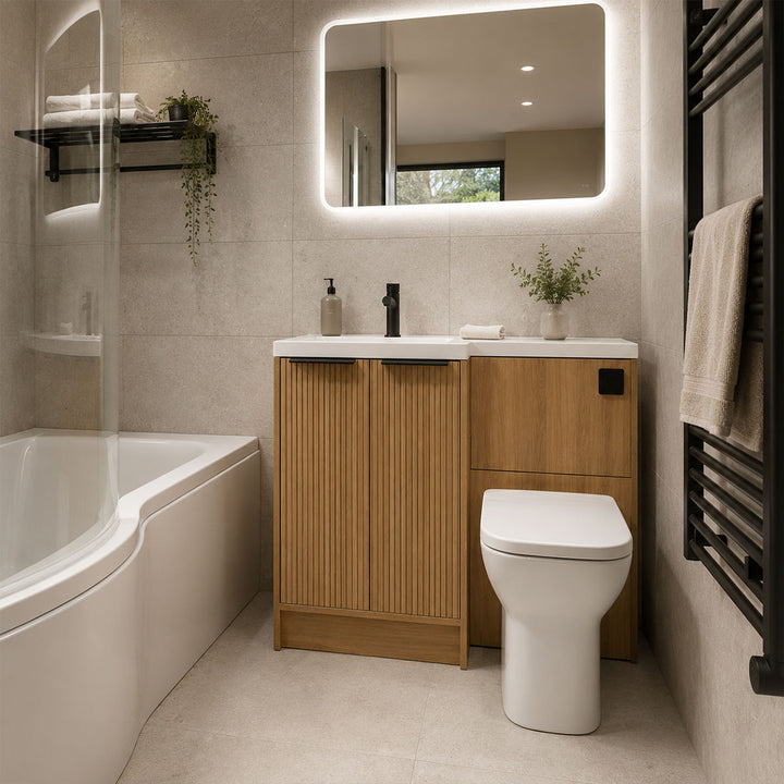 Urbano 600mm Space Saver Floor 2 Door Unit with Left Hand Basin &amp; Toilet Deal - Acousta Oak