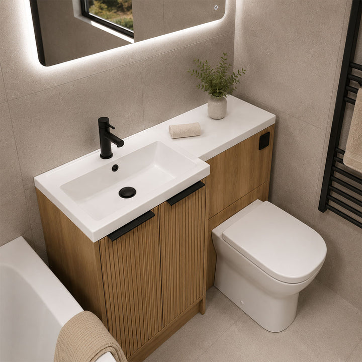 Urbano 600mm Space Saver Floor 2 Door Unit with Left Hand Basin &amp; Toilet Deal - Acousta Oak