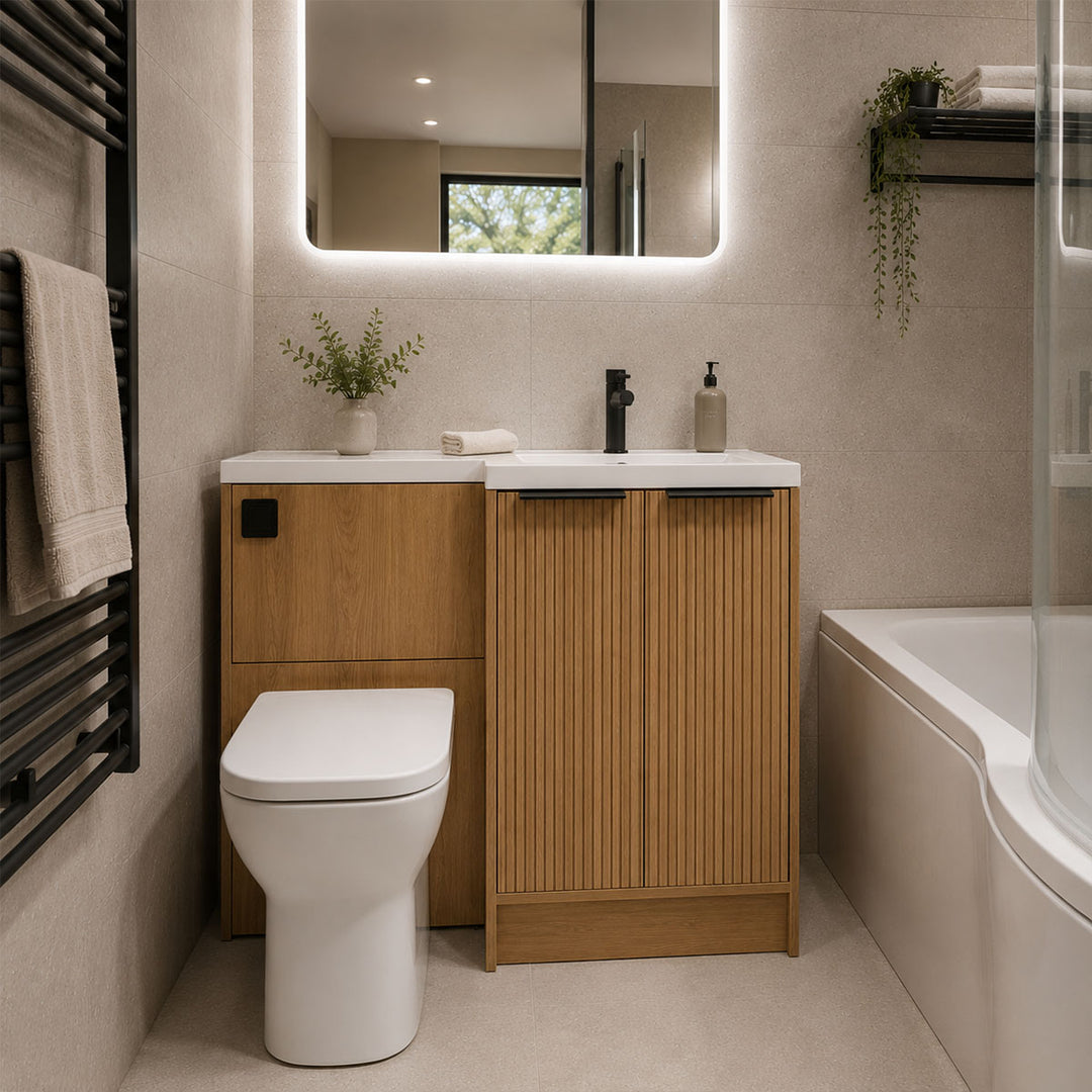 Urbano 600mm Space Saver Floor 2 Door Unit with Right Hand Basin &amp; Toilet Deal - Acousta Oak