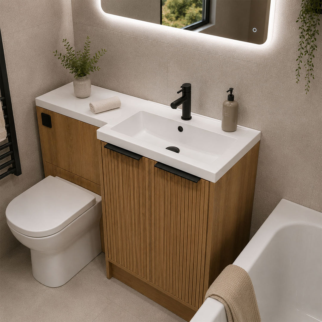 Urbano 600mm Space Saver Floor 2 Door Unit with Right Hand Basin &amp; Toilet Deal - Acousta Oak