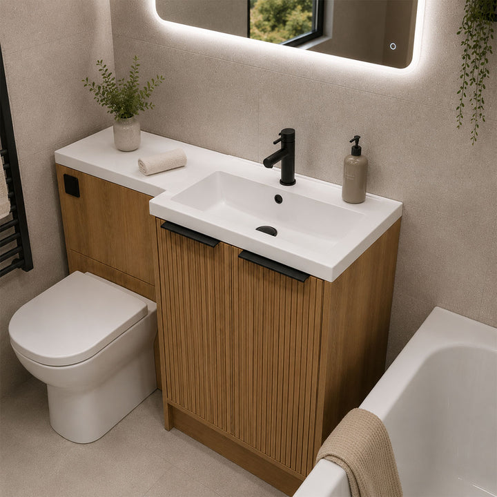 Urbano 600mm Space Saver Floor 2 Door Unit with Right Hand Basin &amp; Toilet Deal - Acousta Oak